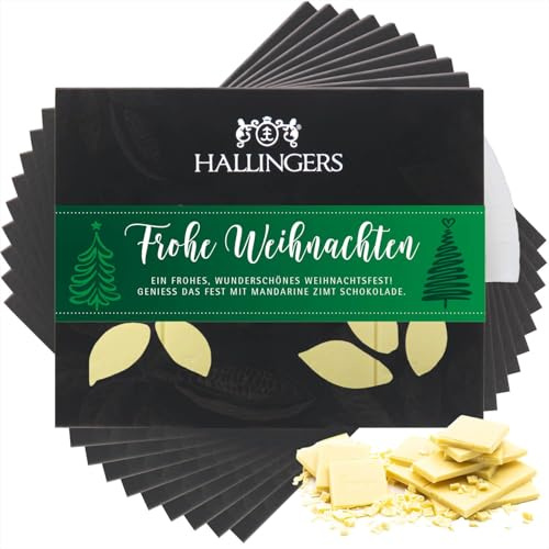 Hallingers Genuss Manufaktur Weiße Schokolade Weihnachts-Geschenk - Tafel handgeschöpfter Edelkakao ohne Alkohol edler Karton 10x Frohe Weihnachten Mandarine-Zimt, Weihnachten für Frauen Männer