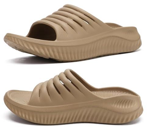KuaiLu Womens Recovery Sandals Comfortable Plantar Fasciitis Arch Support Ladies Orthopedic Open Toe Slip On Running Sport Walking Slides Thick Athletic Cushion Slippers Summer Sliders Brown Size 7