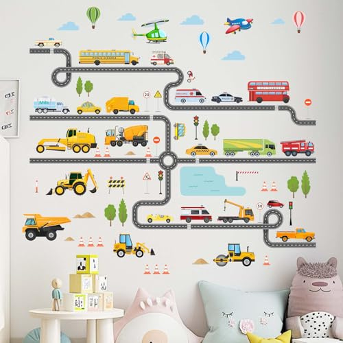 Amimagen Wandtattoos Baufahrzeuge Auto Wandaufkleber - Lastwagen Bagger Traktor Wandabziehbilder - Kinder Jungen Schlafzimmer Spielzimmer Kindertagesstätte Wanddeko