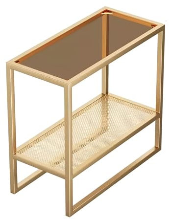 Eiauiuo Beistelltisch Rechteck Glastisch 2 Ebenen Konsolentisch mit Gitterablage und Metall Rahmen Modern Klein Couchtisch Kann Bewegen Sofatisch(Color:Goldrahmen+Vraunes Glas)