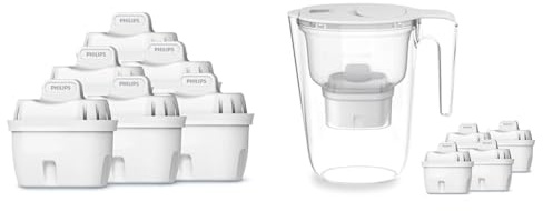 Philips Water Cartuchos de filtro de agua de repuesto, pack de 6 filtros, compatible con Brita & Filtro de jarra +4 cartuchos de filtro de repuesto Micro X-Clean, flujo rápido, blanco