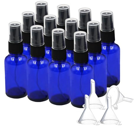AstraLoom 30 ml × 12 Leer-Sprühflaschen, hergestellt aus UV-beständigem Glas. Feiner Nebel, tragbar, nachfüllbar, inklusive 4 Kunststofftrichtern für ätherische Öle, Parfüm und Pflegelösungen (Blau)