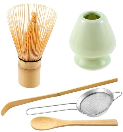 Hniuyun Matcha Whisk Set of 5 - Handmade Bamboo Matcha Whisk, Tea Spoon, Matcha Scoop, Tea Sifter, Whisk Holder, Matcha Accessory - Traditional Japanese Matcha Tea Making Kit