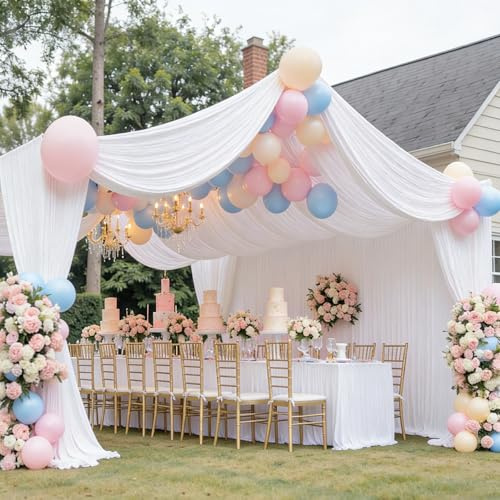 Htper 4 Panels 5x40ft White Ceiling Drapes for Wedding, Wrinkle Free Thick Polyester 40ft Long Canopy Tent Ceiling Draping Curtains Arch Drapery for Birthday Party Event Venue Decoration