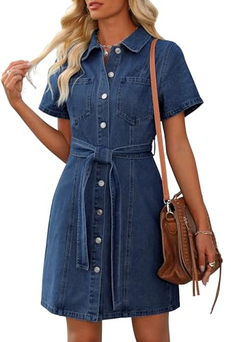 Nitzana Women's Denim Dress Short Sleeve Jean Dress Button Down Denim Shirt Dresses with Pocket 2026 Trendy Western Outfits(Dark Blue,S)