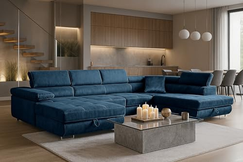SOFILAND Wohnlandschaft Aller Moon U XXL-Ecksofa mit Schlaffunktion und Zwei Bettkästen. (Dunkelblau, Rechts)