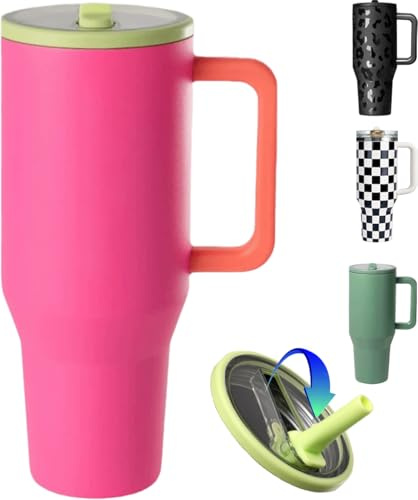 ZHUIYIWIN Taza Termo Cafe Para Llevar, Vasos Termicos Cafe Para Llevar con Asa,Taza con Pajita Y Asa, Vaso Termico Sin BPA, Travel Mug de Acero Inoxidable Reusable (Coral, 1180 ml)