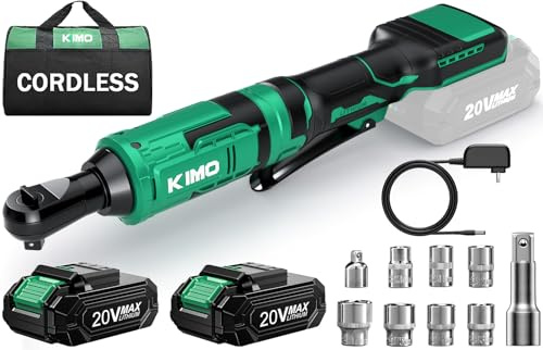 KIMO - Llave de carraca inalámbrica de 20 V, juego de 3/8, llave de carraca eléctrica de 400 rpm, batería de iones de litio de 2 x 2.0 Ah, cargador rápido, juego de llaves eléctricas con 7 enchufes,