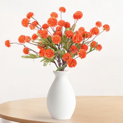 HOTUT Künstliche Kiku Blumen, 10 Stück Kornblumen mit langem Stiel, Kunstblumen Pompon Mini Chrysantheme, Blumendekor für Arrangement, Tischdekorationen, Partydekorationen - Orange