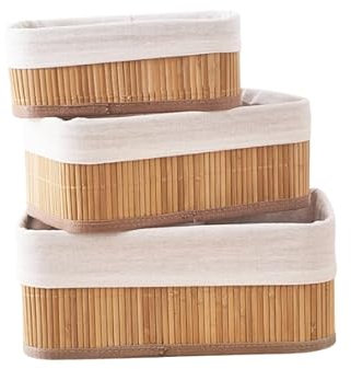 Casa Shop Lot de 3 paniers de rangement en bambou avec doublure en tissu naturel pour armoires et étagères, salle de bain