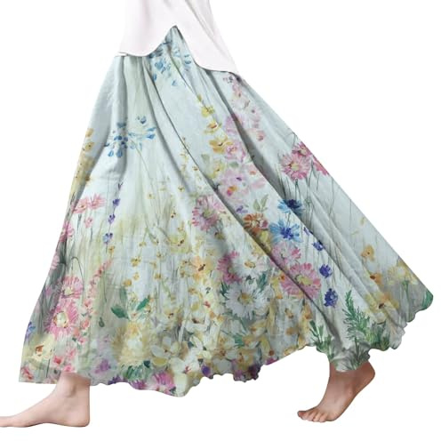 Leinenrock, ausgestellter Rock, lang, hohe Taille, fließender Rock, lockerer Druck, lange Röcke für Damen, elastische Taille, Boho-Maxi-Röcke für Damen, UK-Lang, A-Linien-Rock, lange Röcke für Damen,