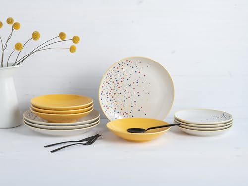 CreaTable, Serie Joy Dots Geschirrset aus Steinzeug (Teller Set 12 tlg, Gelb)