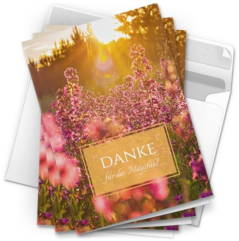 Danksagungskarten Trauer – 10 Klappkarten mit Umschlägen – Wiese im Sonnenschein – Trauerkarten Danksagung mit Text – Dankeskarten Trauer nach Beerdigung