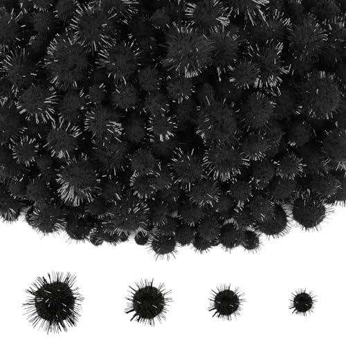 NACHLYNN 1000 pompon glitterati per fai da te, confezione grande, 4 misure, colorati, morbidi, soffici, per fai da te, attività decorative, con custodia (nero)
