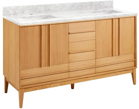 Signature Hardware 955208-60-RUMB-2 Sybill 60 Freestanding Teak Double Basin Vanity Set with Cabinet, Vanity Top, and Rectangular Porcelain Sinks - Single Faucet Holes - Natural Teak/Carrara