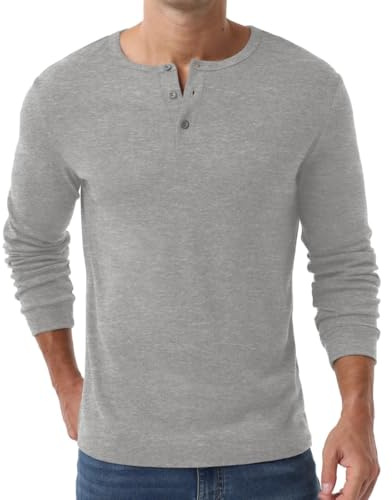 PrinStory Henley T-shirt för män långärmad pullover slim fit t-shirt v-ringad jumper topp med knapp