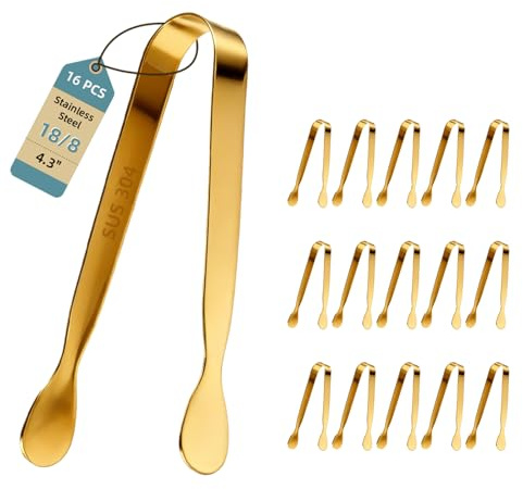 Pleafind 16 PCS Mini Serving Tongs - 4.3 inch, Food-Grade 18/8 Stainless Steel Mini Tongs, Mirror-polished Charcuterie Accessories for Coffee shops, tea party, bars, Sugar and Ice Bucket