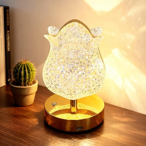 Zecnaud LED Nachttischlampe Touch Dimmbar, Kristall Tischlampe Gold, Nachttischlampe Kristall, Tischlampe Gold Glas mit 3 Farben für Wohnzimmer Schlafzimmer Esszimmer (Blumen)