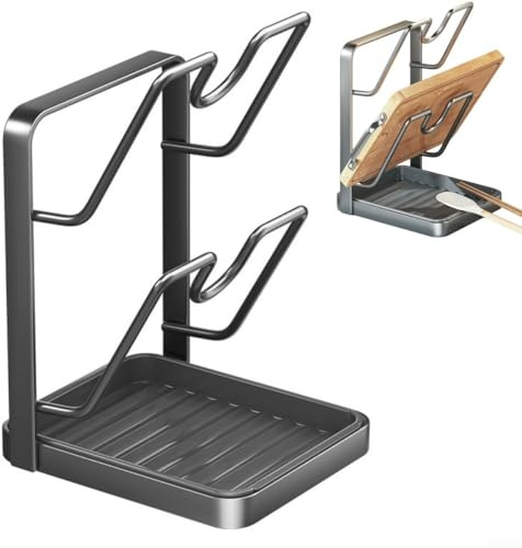 Gettimore Support de couvercle de casserole pour comptoir de cuisine avec repose-cuillère 2 en 1 Organiseur pour couvercles et ustensiles Gris