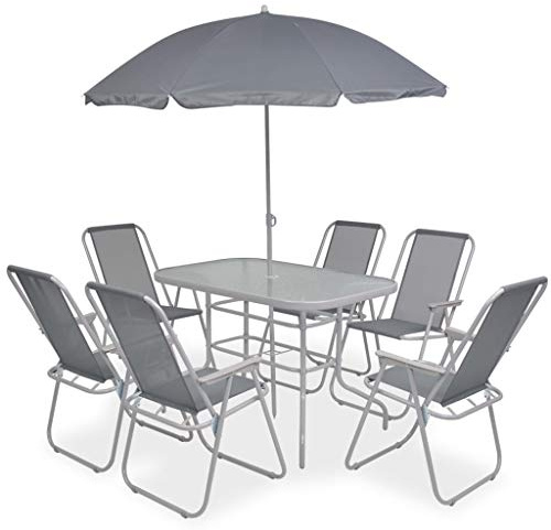 Tonture Salon de jardin 8 pièces - Cadre en acier revêtu par pulvérisation - Gris textilène - Table de 108 x 70 cm - 6 chaises - Parasol - Meubles d'extérieur pour jardin, balcon