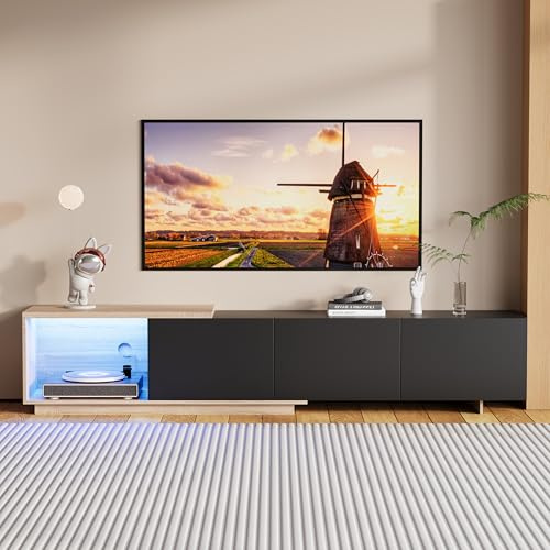 Meuble TV LED Extensible 163–240 cm, 3 Tiroirs et 1 Niche Ouverte, Meuble Tele Noir et Bois Naturel, Meuble Télé avec Rangement, Table TV pour Salon ou Chambre, Design Moderne