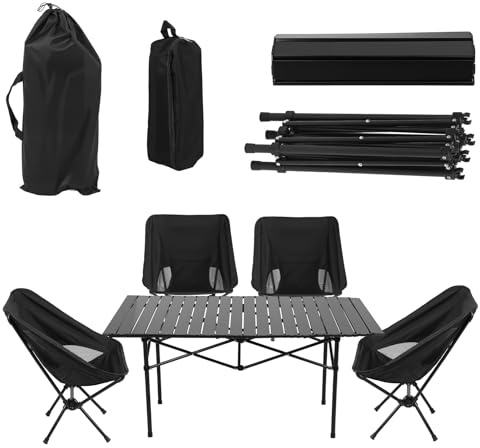 Masiunoz Klappbarer Campingtisch und Stuhl-Set, tragbarer Outdoor-Tisch für 4 Personen mit 4 Stühlen für Picknick, Angeln, Wandern, robuster Rahmen aus Karbonstahl mit Tragetasche (Schwarz, 120 cm)