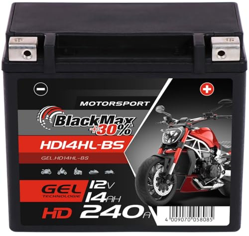 BlackMax Motorsport HD GEL Motorradbatterie YTX14HL-BS 12V 14Ah 240A | Starterbatterie extrem rüttelfest für schwere Cruiser & Tourer - Wartungsfrei, geladen & auslaufsicher