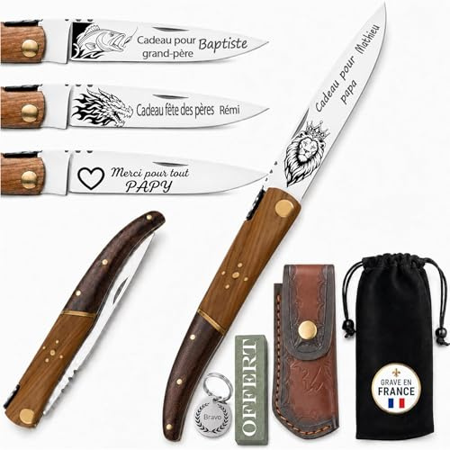 Couteau Personnalisé Marque Laguiole pour Homme avec Pierre à Aiguiser, Gravure Multi-Motifs en Bois pour Cadeau Anniversaire, Fête des Pères et Retraite (Bois foncé)