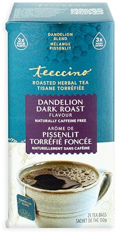 Teeccino Dandelion Herbal Tea - Dark Roast - Caffeine Free, Prebiotic, Gluten Free, 3x More Herbs - 25 Tea Bags