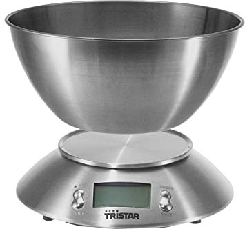 Tristar KW-2436 Báscula de Cocina con bol medidor de acero inoxidable de 2 L de capacidad, Pantalla LCD retroiluminada, Capacidad máxima de 5 kg de peso, función tara, botón de encendido y apagado