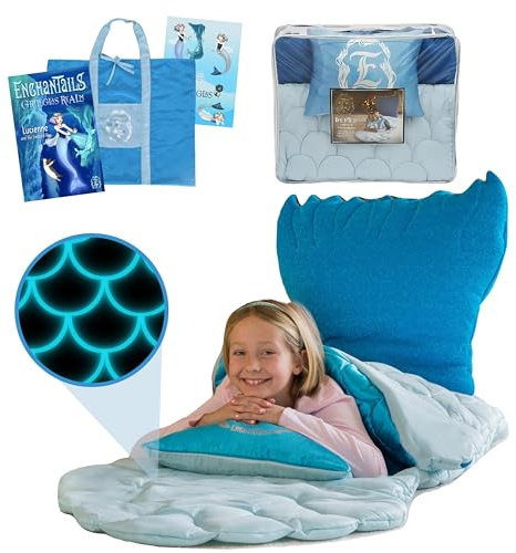 Enchantails Lucienne Mermaid Tail Blanket - 5-Piece Glow in The Dark Slumber Set for Kids - Wearable Sleeping Bag - Perfect for Sleepovers - Cozy Blanket for Girls