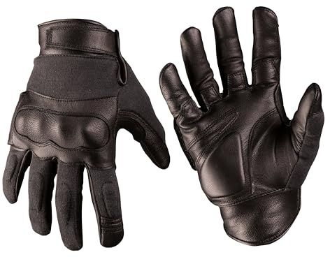 Mil-Tec Tactical Gloves Leder/Aramid Schwarz • Schnittfeste Einsatzhandschuhe mit abnehmbarem Knöchelschutz • Robuste Leder-Handschuhe für Security & Outdoor • Gepolsterte Schutzhandschuhe