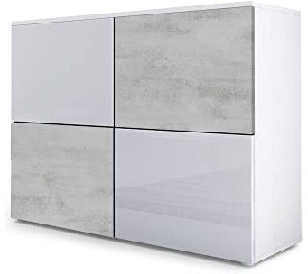 Vladon Sideboard Rova, Made in Germany, Kommode mit 4 Türen, Weiß matt/Weiß Hochglanz/Beton Oxid-Optik (92 x 72 x 35 cm)