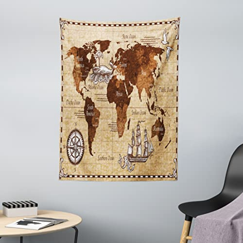 ABAKUHAUS Karte Wandteppich, Retro Skizze Weltkarte aus Weiches Mikrofaser Stoff Waschbar ohne Verblassen Digitaldruck, 110 x 150 cm,Braun und Sand Braun