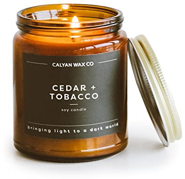 Calyan Wax Co. Cedar & Tobacco Scented Candle - 57 Hour Burn - Luxury Non Toxic Soy Wax Candles - Long Lasting Amber Glass Jar Candle for Home - 7.2oz