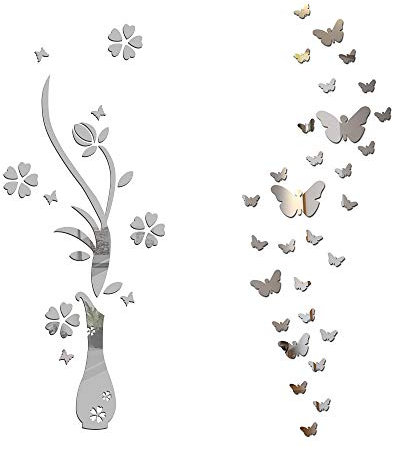 Specchio Adesivo da Parete Vaso Farfalle Argento Decorativo Decorazione per Casa Camera Salotto Bagno Muro Porta Armadio