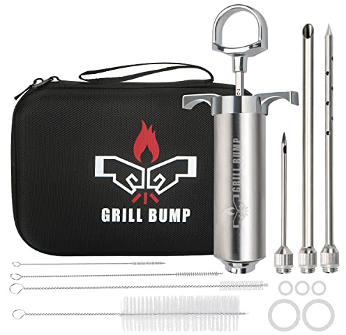 Grill Bump Meat Injector Syringe Kit with 3 Professional Marinade Injector Needles and Travel Case for BBQ Grill Smoker, Turkey and Brisket; 2-oz Large Capacity, Both Paper User Manual and E-Book