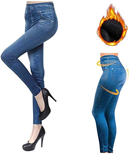 Aventy Leggings thermiques doublés en polaire - Collants skinny taille haute pour femmes en denim stretch déchiré, bleu, S
