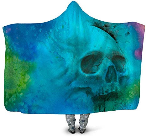 BEPM Kapuzendecke Decke Mit Kapuze Blanket Kuscheldecke Kapuzendecke Dicke Doppelschicht Plüsch 3D-Digitaldruck Kapuzenmantel-Farbe Schädel_Kleine Größe 130 * 150