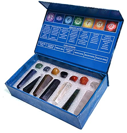 7 Chakren Set – 14-teiliges Naturstein-Set mit 7 Trommelsteinen & 7 Stäben – Sodalith, Schwarzer Stein, Tigerauge, Amethyst, Bergkristall, Labradorit, Rosenquarz – Geschenkbox
