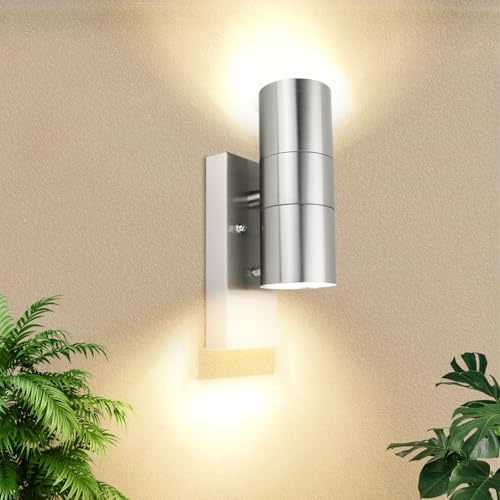 Allesgute LED Aussenleuchte mit Dämmerungsschalter Edelstahl, Modern Dämmerungssensor Wandleuchte Außen IP44 Up Down Außenlampe für Garten Hof Haustür, Inkl. 5W 500LM GU10 Warmweiß