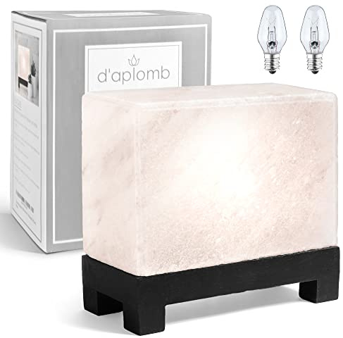 d'aplomb 100% Authentic Natural Himalayan Salt Lamp;Hand-Carved Modern Rectangle Rare White Crystal Rock Salt from The Himalayan Mountain; Footed Wood Base, Dimmer Cord; 11.5 lbs
