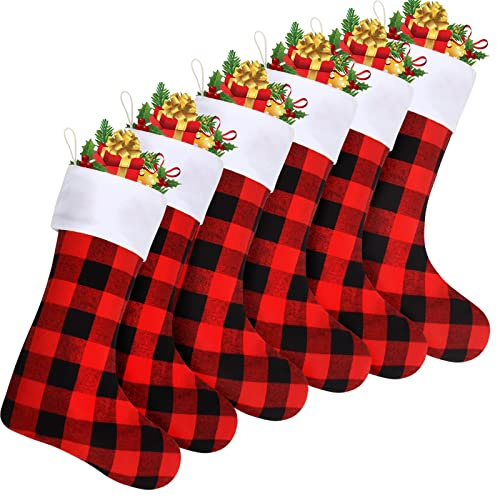 DERAYEE 6 Pack Christmas Stockings Bulk, 18 Inch Large Red Black Buffalo Plaid Fireplace Hanging Stockings for Family Holiday Xmas Party Decoration