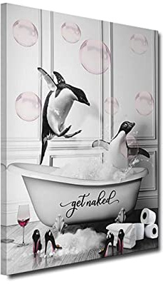 ZHONGYUTONG Badezimmer Wandbilder-Pinguine in der Badewanne mit Rosa Blasen lustige Tiere Bild Wanddekoration Gerahmt Schwarz Weiß Leinwandbilder Gemälde für Badezimmer (30x45cm)