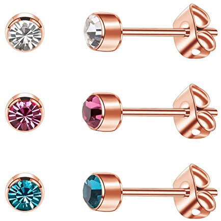 3 Paar/Satz Damen Ohrstecker Titan Mädchen Ohrringe Hypoallergen Kristall Herren Ohrringe 4 mm/5 mm Silber/Schwarz/Roségold/vergoldete Ohrringe