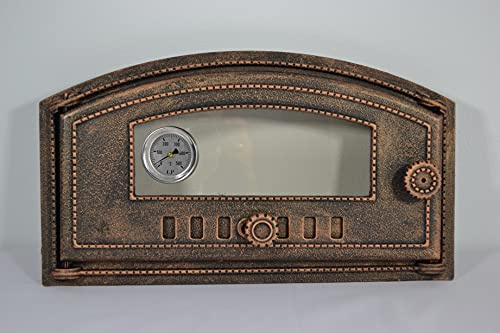 SEZAM Backofentür aus Gusseisen mit Thermometer 500 °C, hitzebeständige Glasscheibe, nach links öffnend, Pizzaofentür - Brotofen - Steinofentür, 48,5 x 6,5 x 27,5 cm - halbrund, kupferfarbene Bemalung
