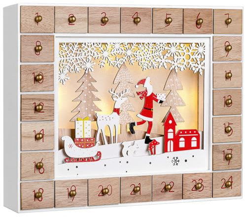 Spielwerk® Calendario de Adviento Madera Navidad Luces LED 24 Cajones Adorno para Rellenar Decoración Navideña 2025