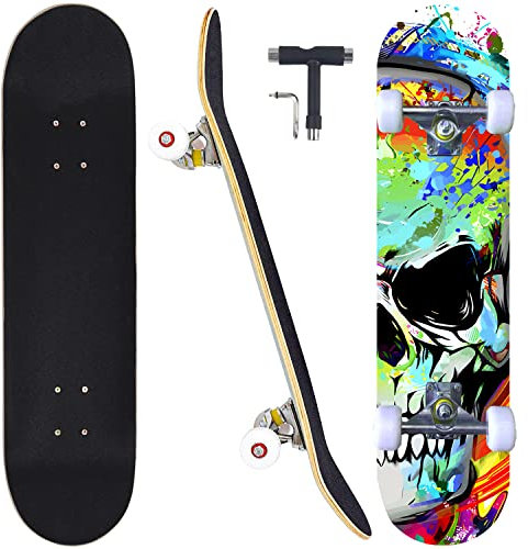CAPARK Skateboards für Anfänger, Erwachsene, Jugendliche, Kinder, Mädchen, Jungen, 78,9 cm, komplett, 7 Schichten, kanadischer Ahorn, Doppel-Kick, konkave Longboards (bunter Totenkopf)