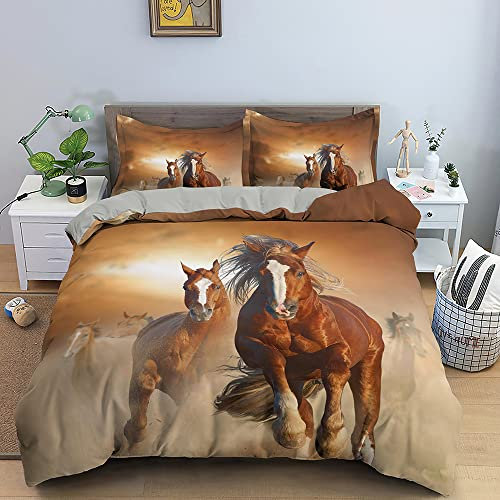 JZZFBW Bettwäsche 155x220 Braunes Pferd 3D Gedruckte Bettwäsche Kuschelig Bügelfrei & Knitterfrei Bettwäsche Sets mit Reißverschluss + 2 Kissenbezüge 80x80 cm für KinderErwachsene