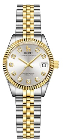 BUREI 36MM Mode Damen Uhr Silber Edelstahl Armbanduhren Analog Quarz Uhren mit Kalender